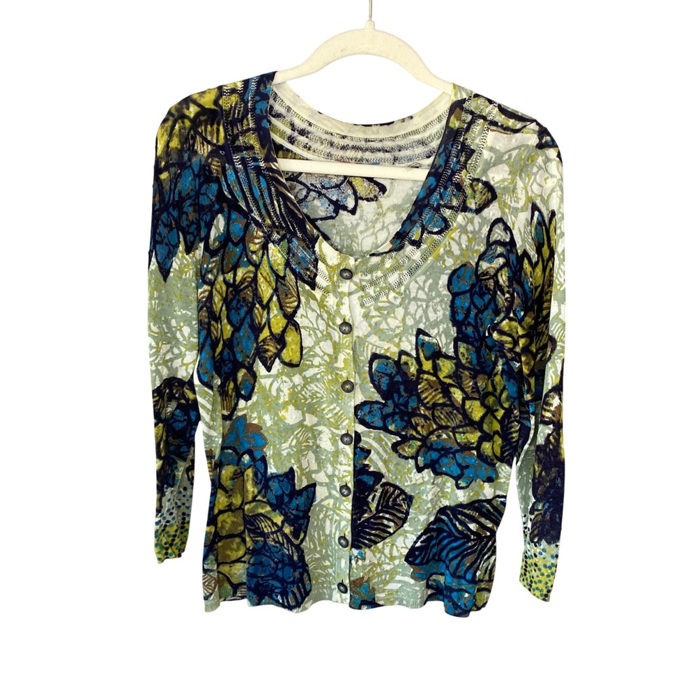 Nic + Zoe Womens Blue Green Floral Abstract Knit Button Front Cardigan Size M